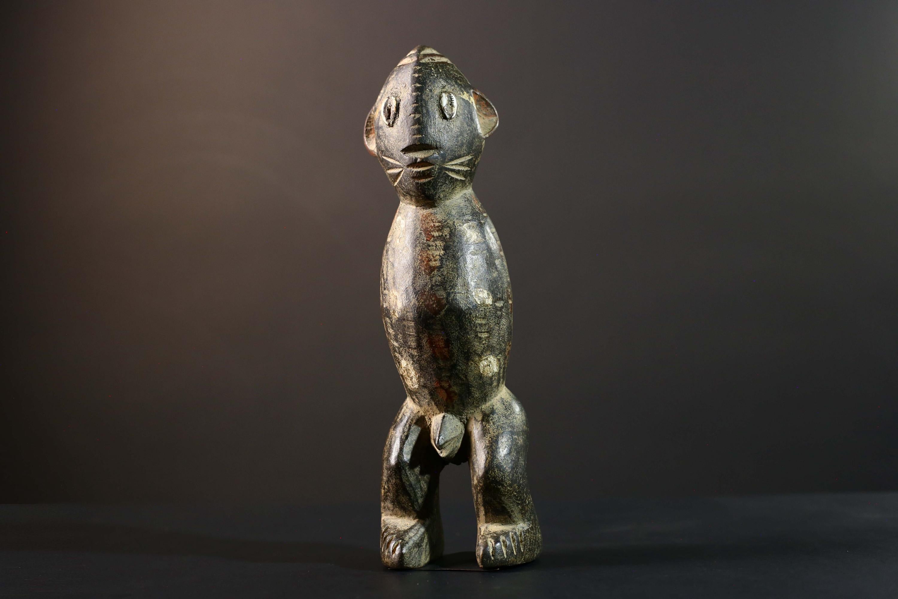 African Tribal Figure Dark Carved Wood Statue Textured Ethnic Art Decor-G5790