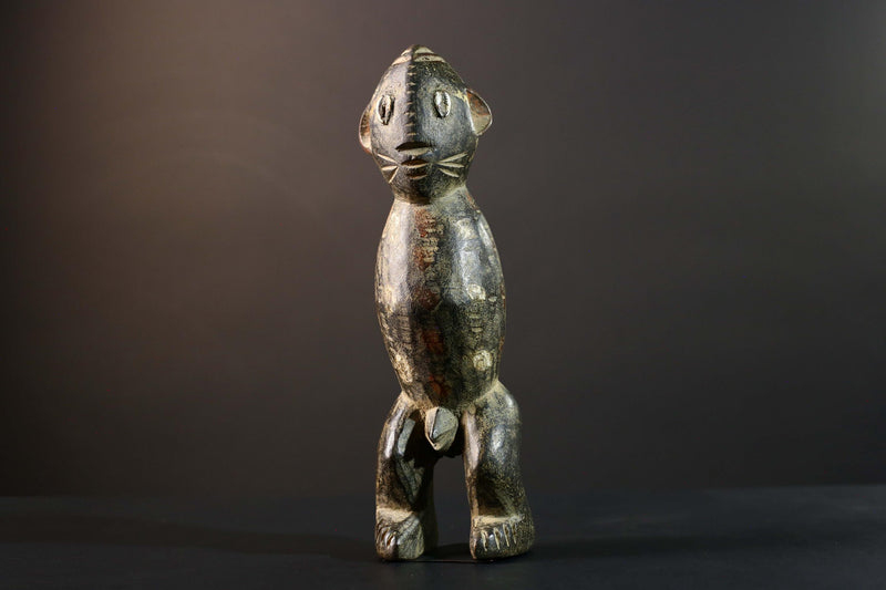 African Tribal Figure Dark Carved Wood Statue Textured Ethnic Art Decor-G5790