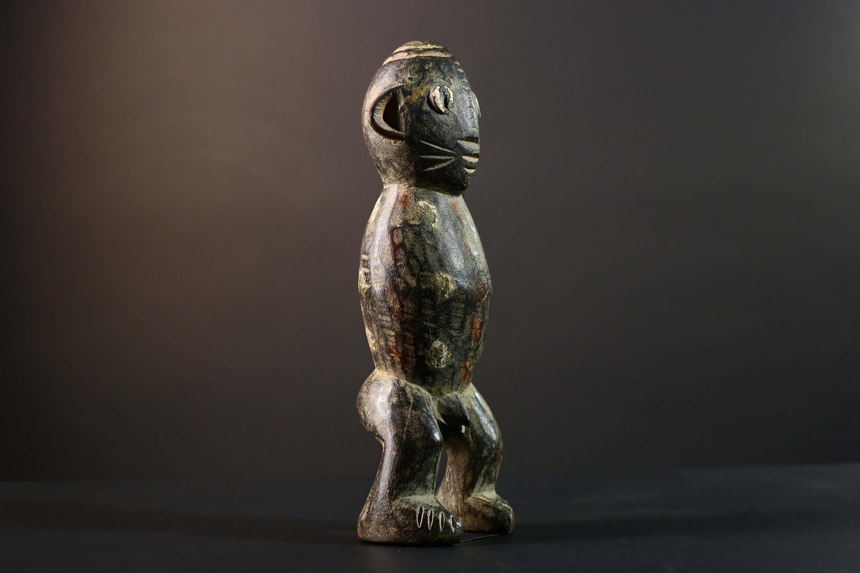 African Tribal Figure Dark Carved Wood Statue Textured Ethnic Art Decor-G5790