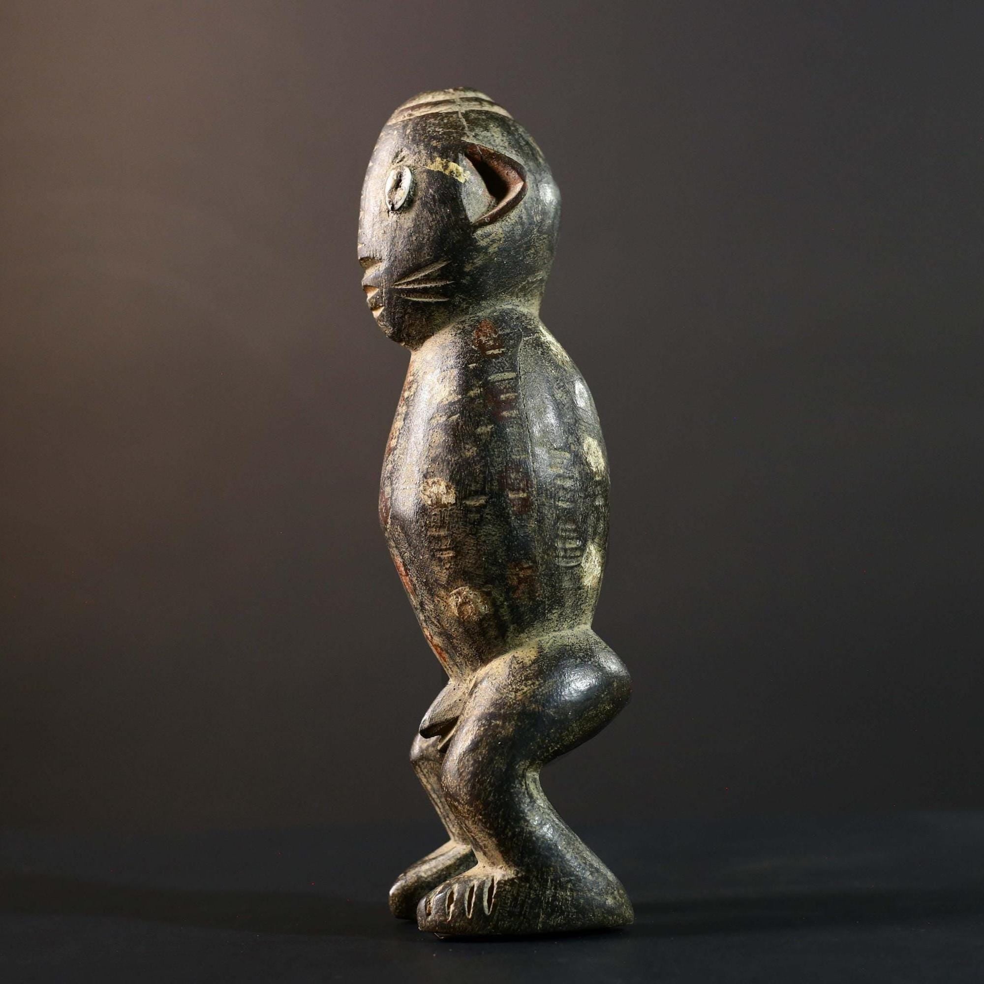 African Tribal Figure Dark Carved Wood Statue Textured Ethnic Art Decor-G5790