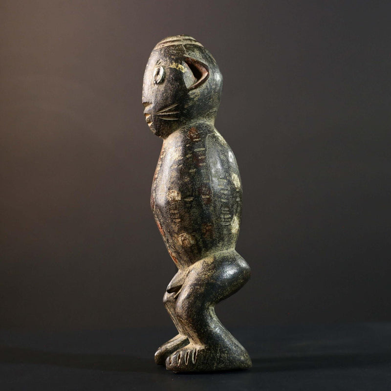 African Tribal Figure Dark Carved Wood Statue Textured Ethnic Art Decor-G5790
