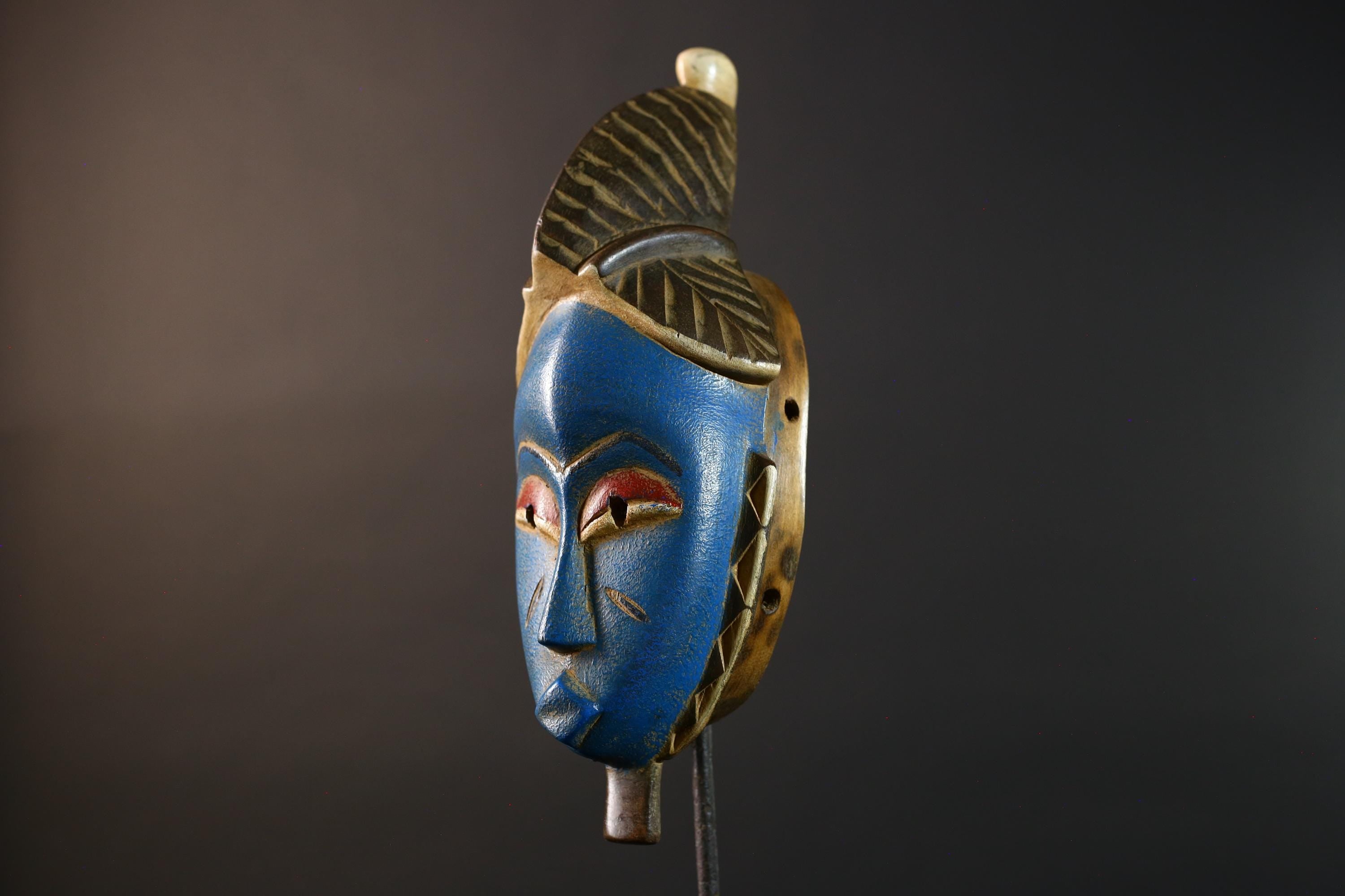 Blue Baule Tribal Mask African Carved Wood Face Côte d’Ivoire Vintage Wall Art Collectible Home Decor Ethnographic Cultural Sculpture-G5760