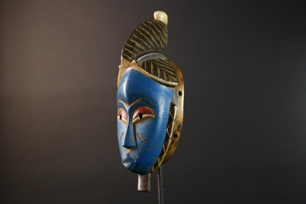 Blue Baule Tribal Mask African Carved Wood Face Côte d’Ivoire Vintage Wall Art Collectible Home Decor Ethnographic Cultural Sculpture-G5760