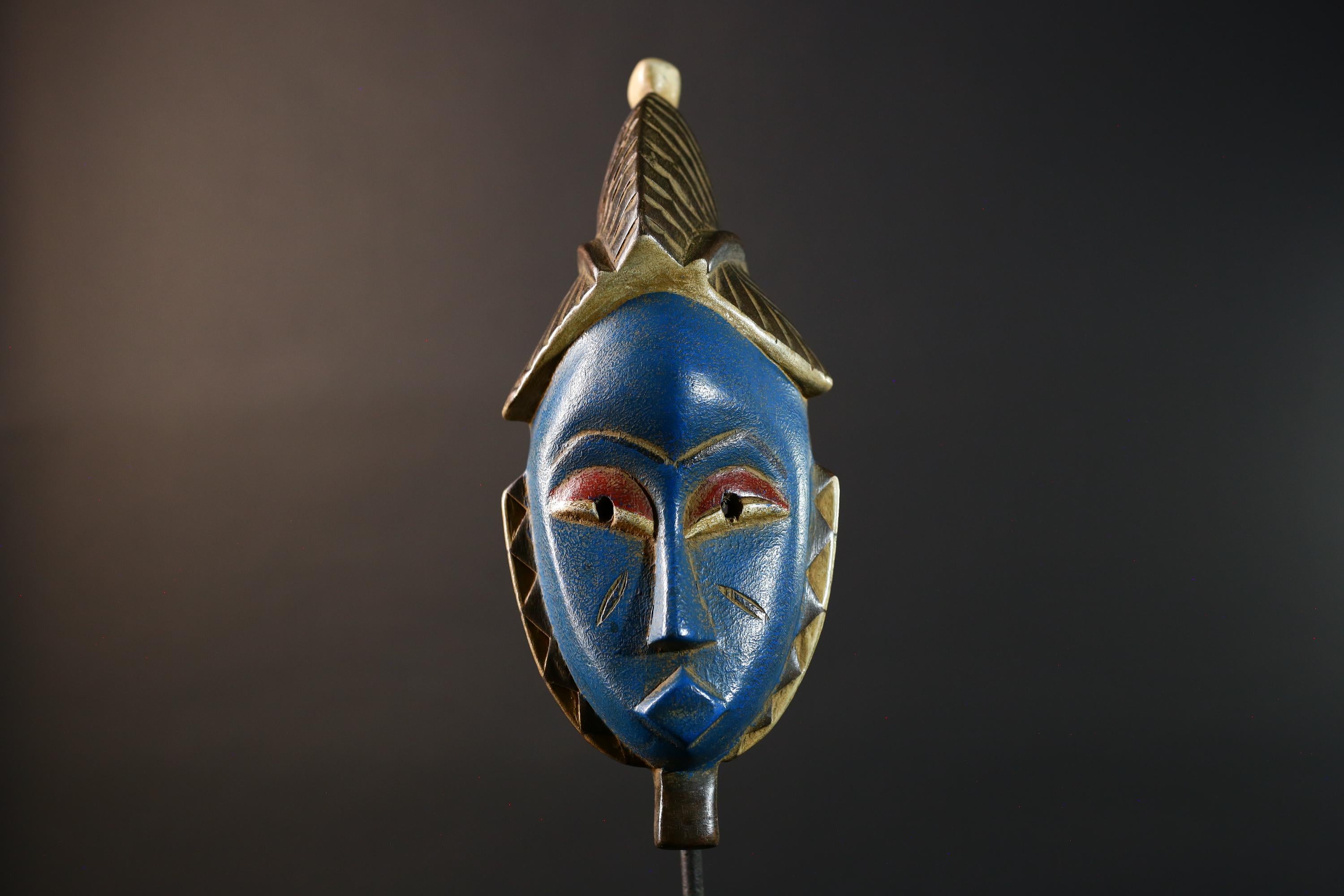 Blue Baule Tribal Mask African Carved Wood Face Côte d’Ivoire Vintage Wall Art Collectible Home Decor Ethnographic Cultural Sculpture-G5760