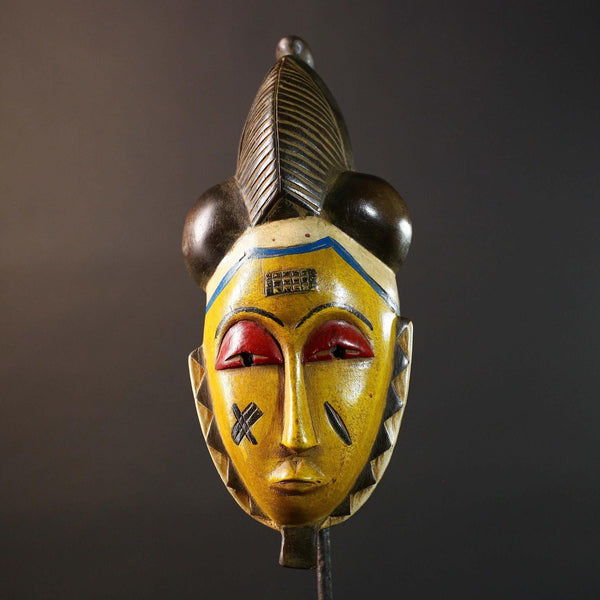 African Baule Tribal Mask Yellow Face Red Eyes Carved Wood Côte d’Ivoire Wall Art Vintage Handmade Ethnic Sculpture Home Decor-G5761