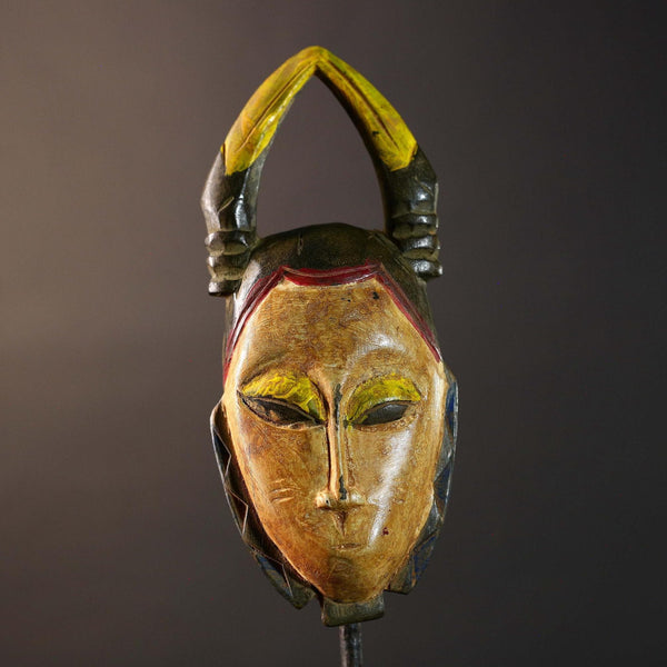 African Guro Mask Carved Wood Antelope Horns Tribal Face Côte d’Ivoire Wall Art Vintage Multicolor Handcrafted Home Decor Sculpture-G5763