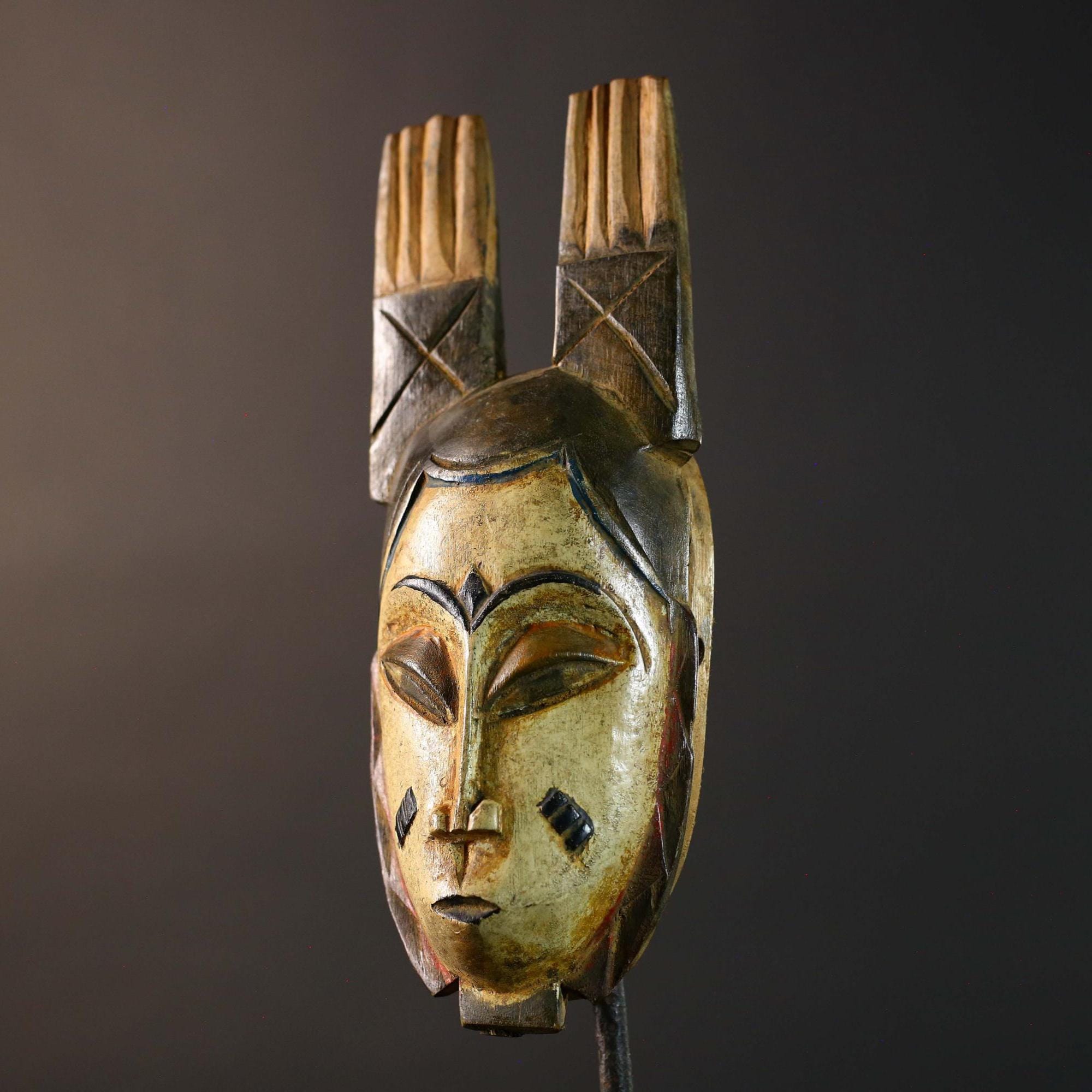 African Baule Tribal Mask with Double Vertical Crest Ivory Coast Hand Carved Wood Traditional Wall Art Vintage Home Decor-G5764