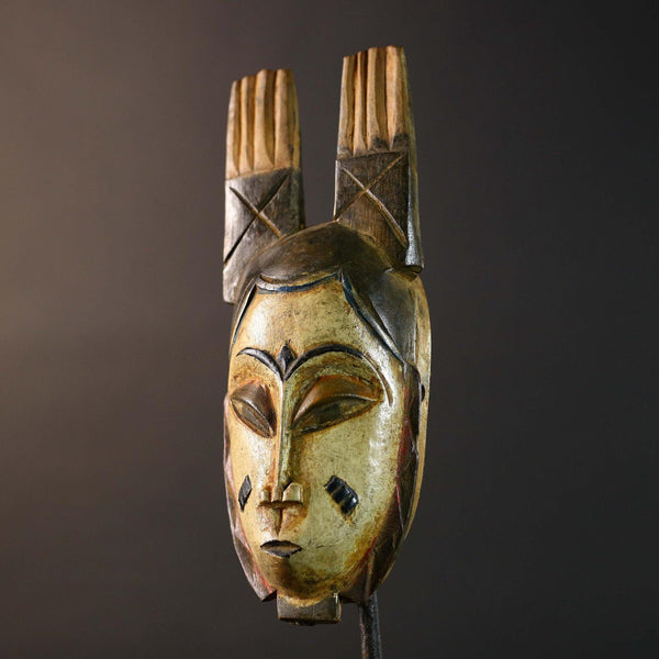 African Baule Tribal Mask with Double Vertical Crest Ivory Coast Hand Carved Wood Traditional Wall Art Vintage Home Decor-G5764