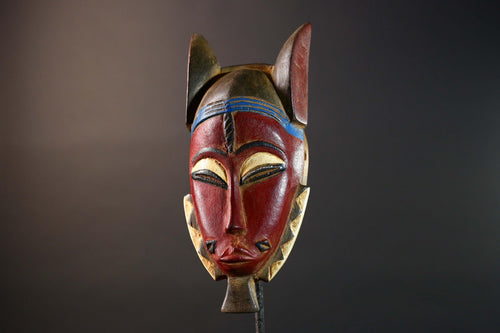African Baule Mask Red Face Tribal Wood Carved Wall Art Côte d'Ivoire Vintage Decor Authentic Handcrafted African Sculpture-G5765