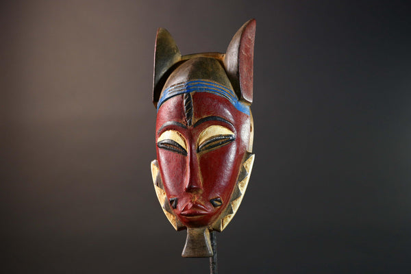 African Baule Mask Red Face Tribal Wood Carved Wall Art Côte d'Ivoire Vintage Decor Authentic Handcrafted African Sculpture-G5765