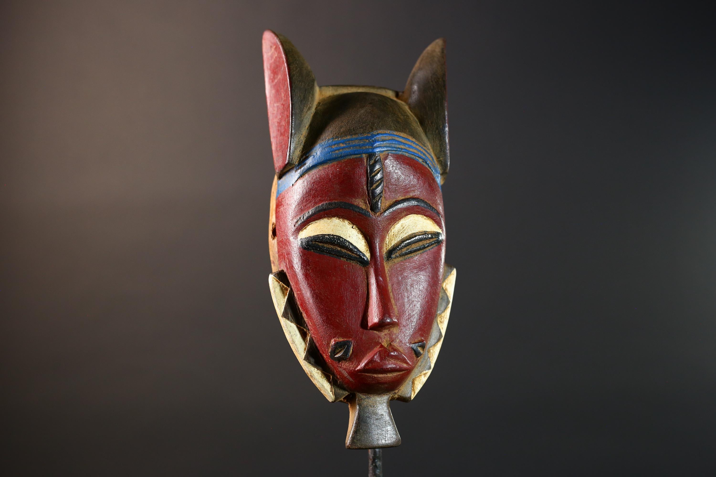 African Baule Mask Red Face Tribal Wood Carved Wall Art Côte d'Ivoire Vintage Decor Authentic Handcrafted African Sculpture-G5765