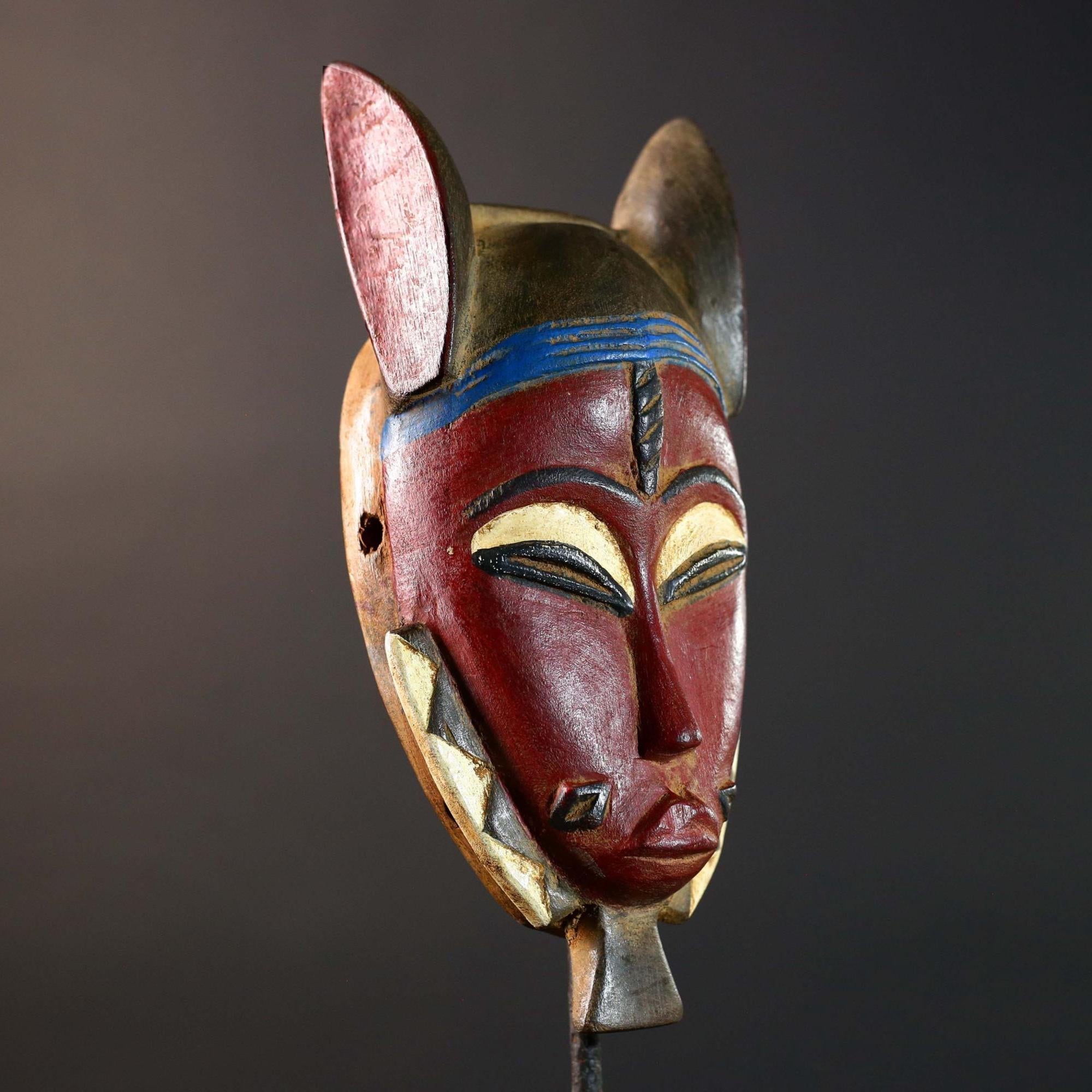 African Baule Mask Red Face Tribal Wood Carved Wall Art Côte d'Ivoire Vintage Decor Authentic Handcrafted African Sculpture-G5765