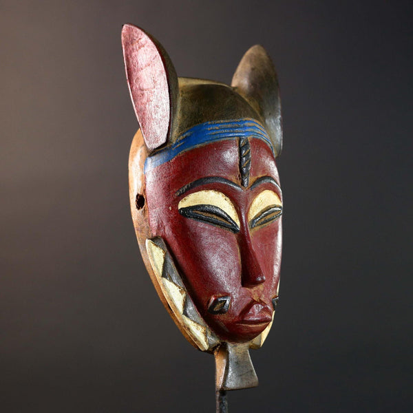 African Baule Mask Red Face Tribal Wood Carved Wall Art Côte d'Ivoire Vintage Decor Authentic Handcrafted African Sculpture-G5765