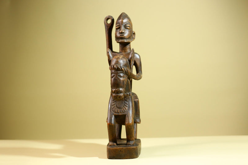African Tribal Rider Statue: Hand Carved Wood Horseman Cultural Art-G5798