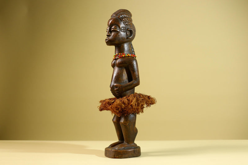 African Tribal Female Figure: Hand Carved Wood Statue with Raffia Skirt Sculpture Decor-G5799