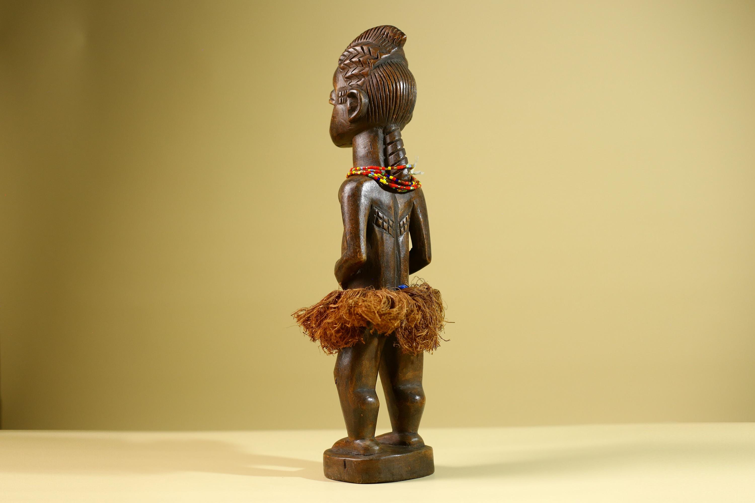 African Tribal Female Figure: Hand Carved Wood Statue with Raffia Skirt Sculpture Decor-G5799