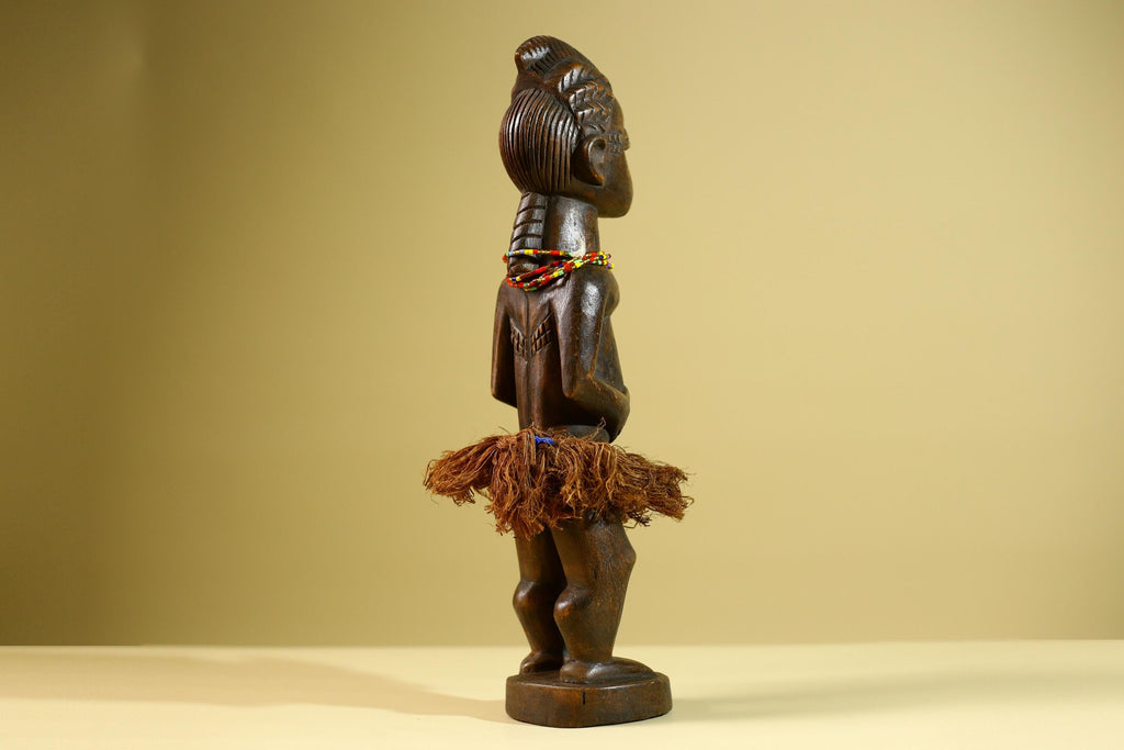 African Tribal Female Figure: Hand Carved Wood Statue with Raffia Skirt Sculpture Decor-G5799
