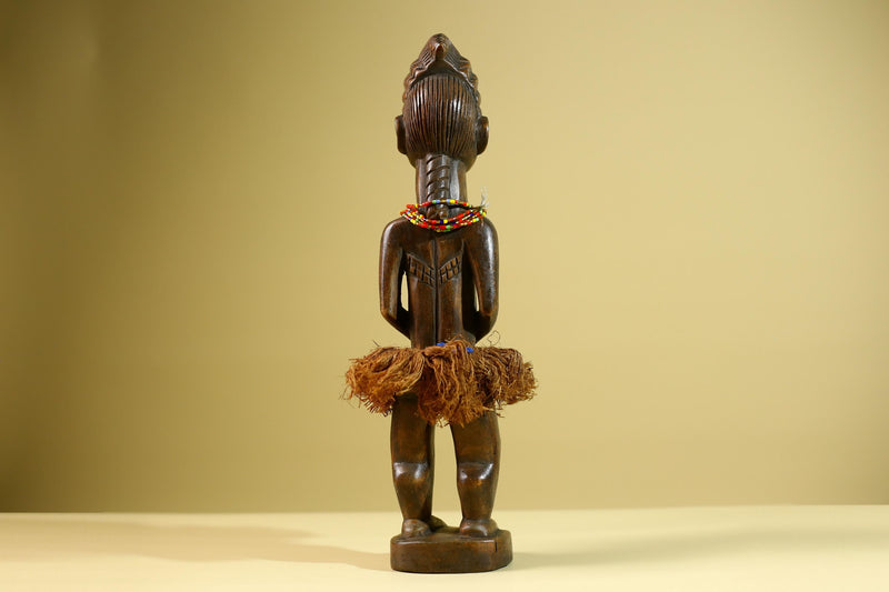 African Tribal Female Figure: Hand Carved Wood Statue with Raffia Skirt Sculpture Decor-G5799