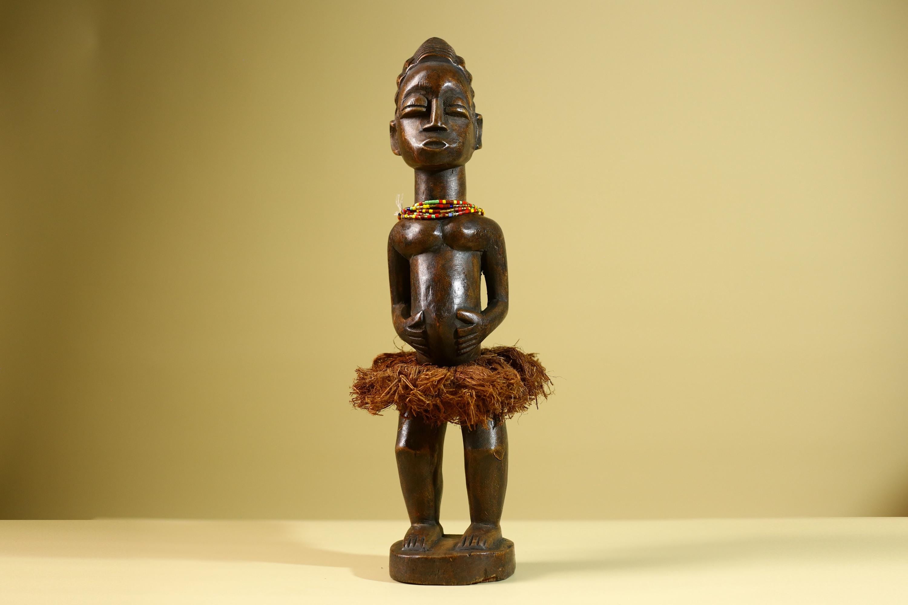 African Tribal Female Figure: Hand Carved Wood Statue with Raffia Skirt Sculpture Decor-G5799