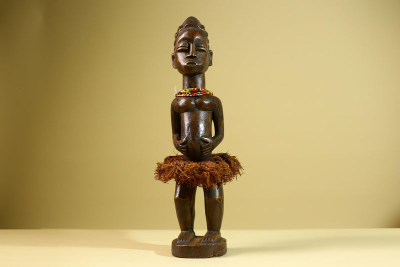 African Tribal Female Figure: Hand Carved Wood Statue with Raffia Skirt Sculpture Decor-G5799