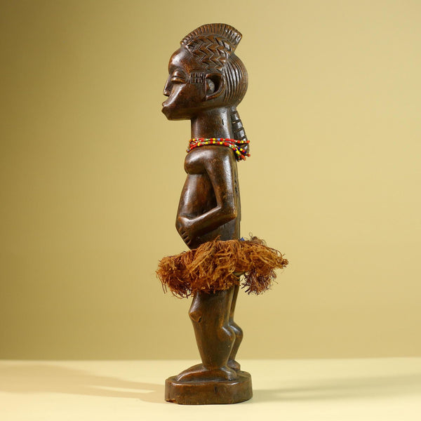 African Tribal Female Figure: Hand Carved Wood Statue with Raffia Skirt Sculpture Decor-G5799
