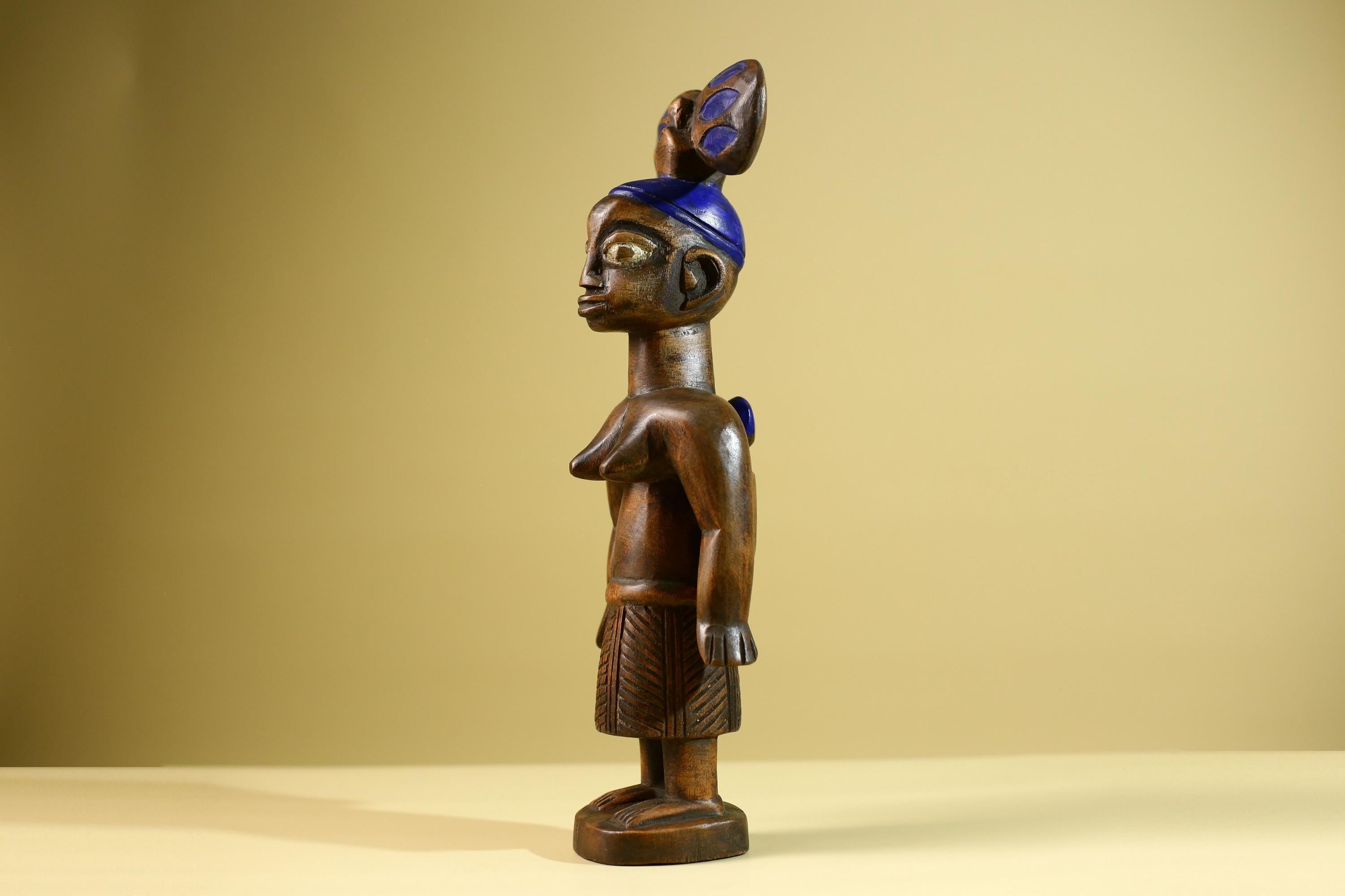 African Yoruba Female Figure: Hand Carved Wood Statue with Blue Crest Sculpture Decor-G5801