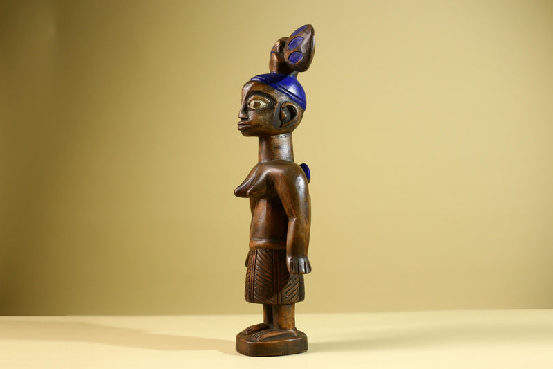African Yoruba Female Figure: Hand Carved Wood Statue with Blue Crest Sculpture Decor-G5801