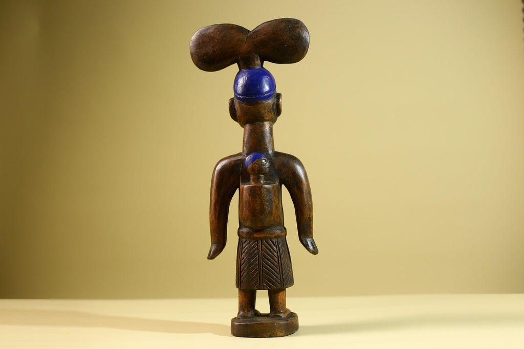 African Yoruba Female Figure: Hand Carved Wood Statue with Blue Crest Sculpture Decor-G5801