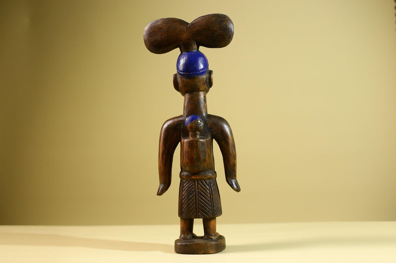 African Yoruba Female Figure: Hand Carved Wood Statue with Blue Crest Sculpture Decor-G5801