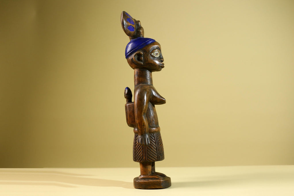 African Yoruba Female Figure: Hand Carved Wood Statue with Blue Crest Sculpture Decor-G5801