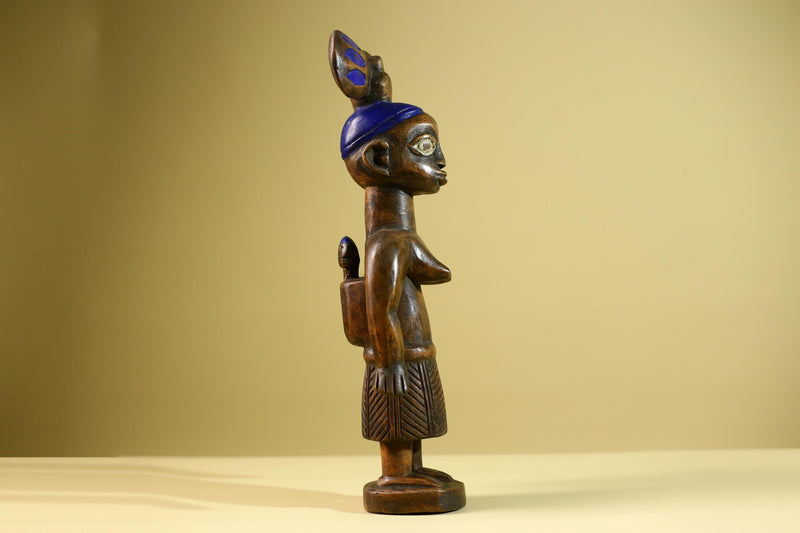 African Yoruba Female Figure: Hand Carved Wood Statue with Blue Crest Sculpture Decor-G5801