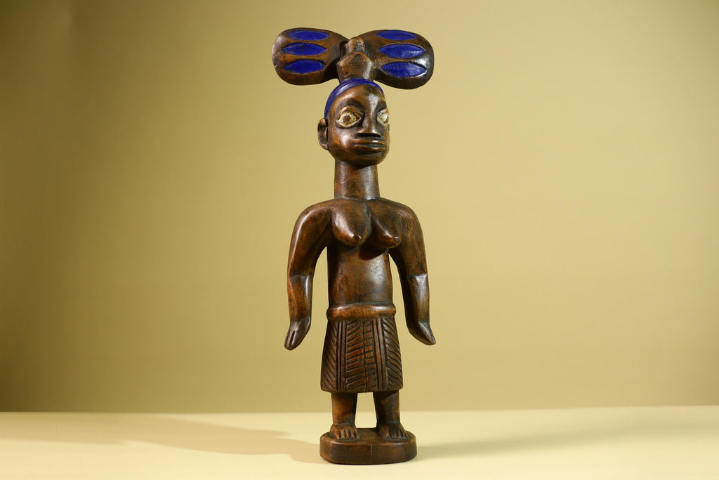 African Yoruba Female Figure: Hand Carved Wood Statue with Blue Crest Sculpture Decor-G5801