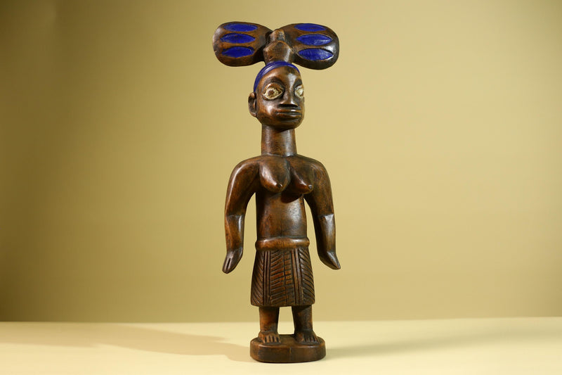 African Yoruba Female Figure: Hand Carved Wood Statue with Blue Crest Sculpture Decor-G5801