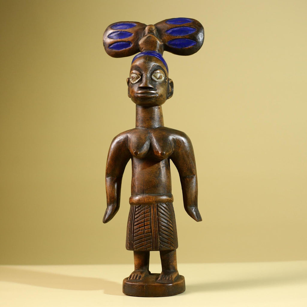 African Yoruba Female Figure: Hand Carved Wood Statue with Blue Crest Sculpture Decor-G5801