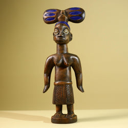 African Yoruba Female Figure: Hand Carved Wood Statue with Blue Crest Sculpture Decor-G5801