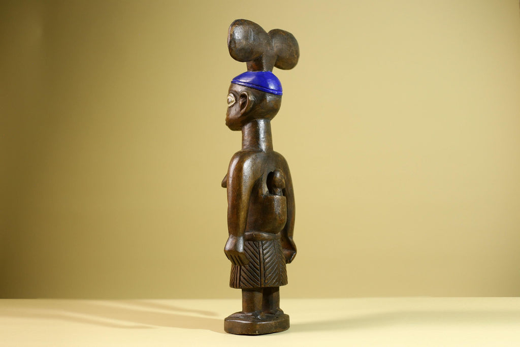 African Yoruba Female Figure: Hand Carved Wood Tribal Art with Blue Crest-G5802
