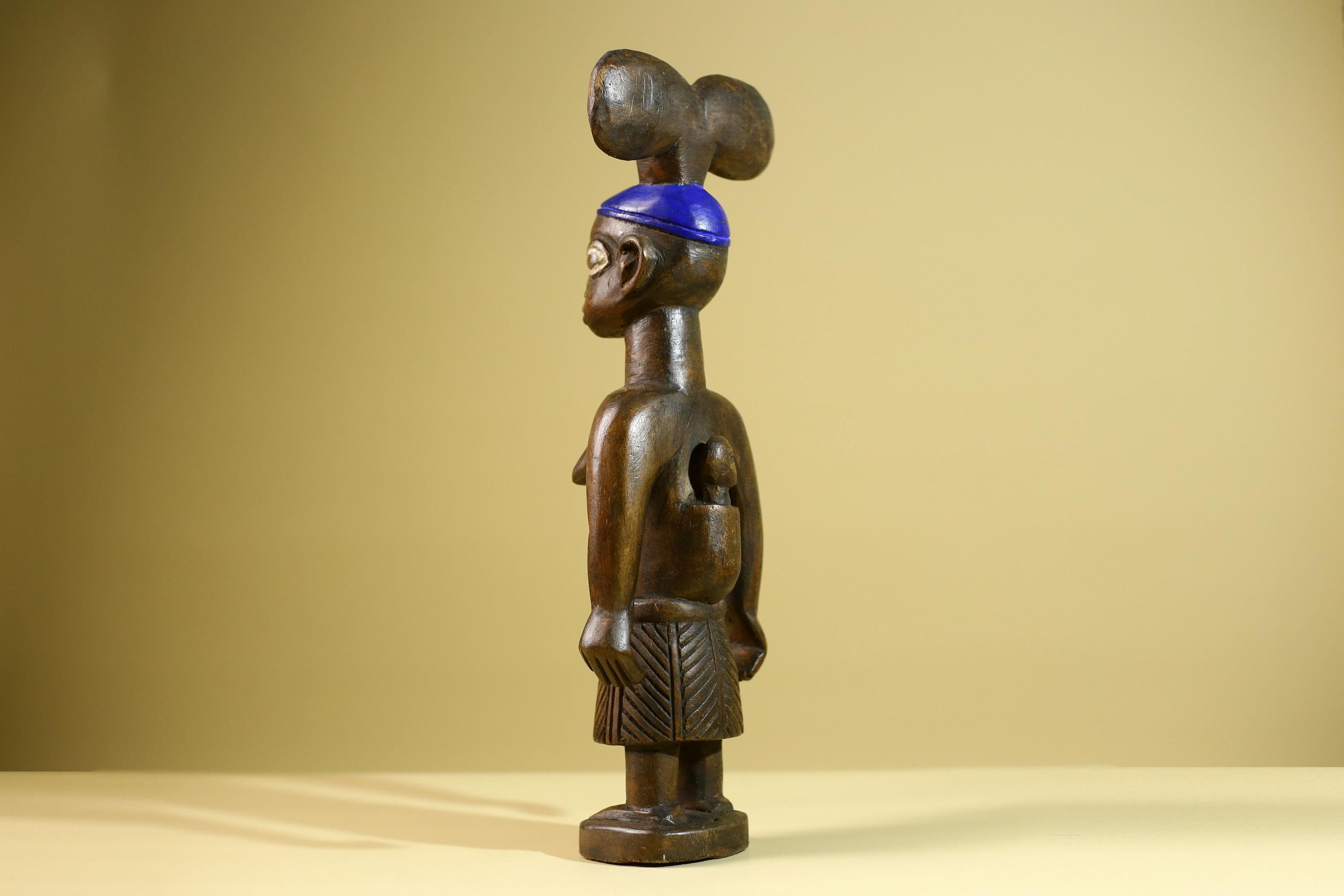 African Yoruba Female Figure: Hand Carved Wood Tribal Art with Blue Crest-G5802