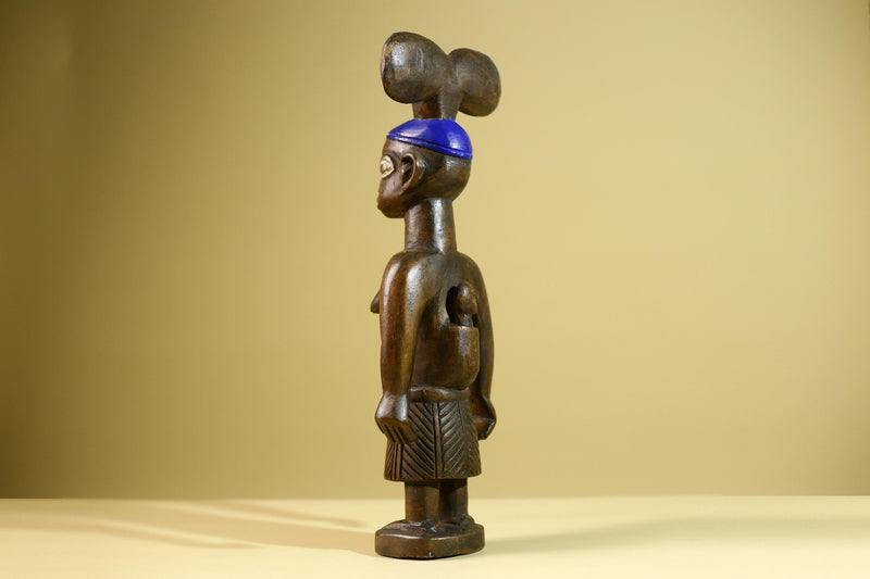 African Yoruba Female Figure: Hand Carved Wood Tribal Art with Blue Crest-G5802