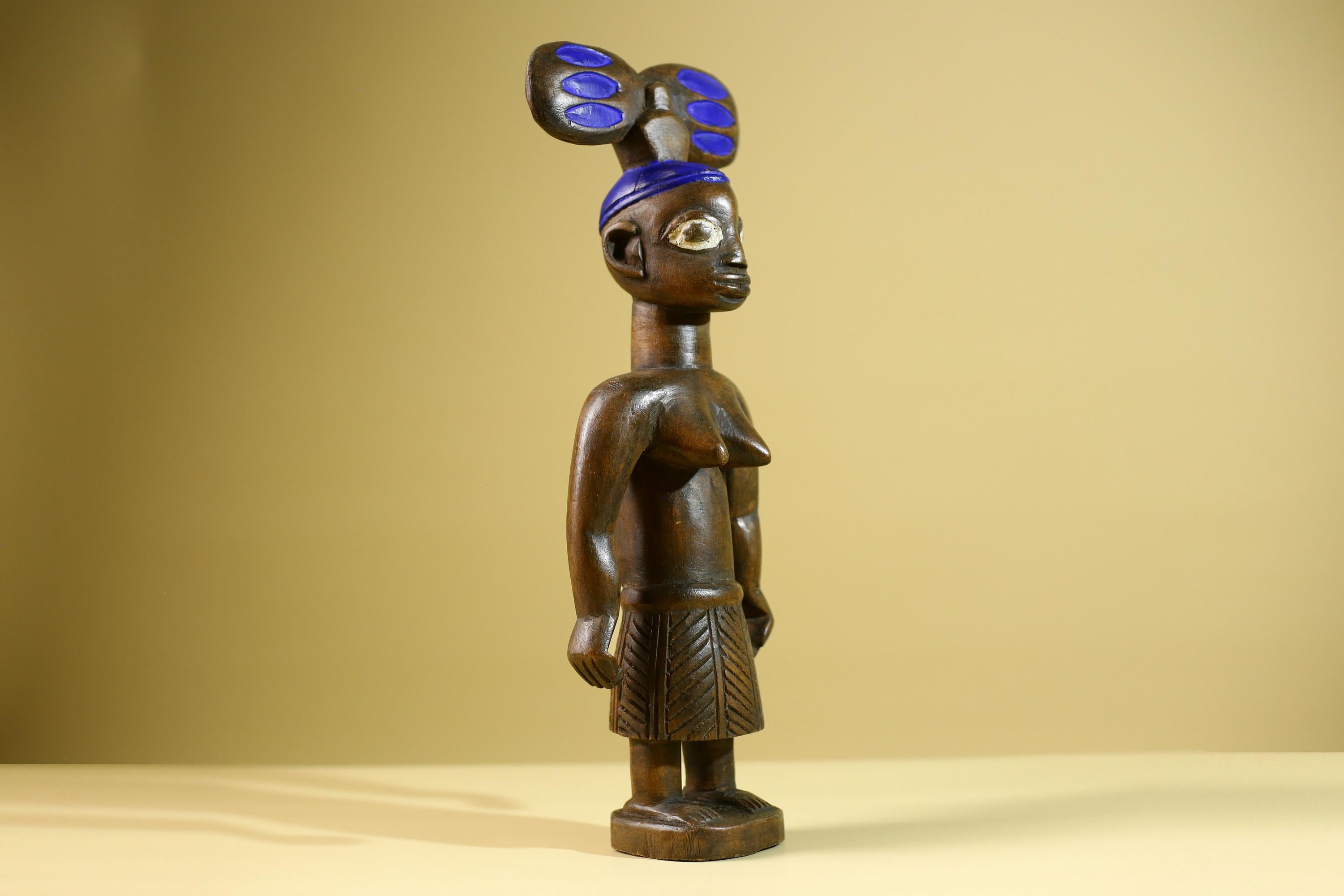 African Yoruba Female Figure: Hand Carved Wood Tribal Art with Blue Crest-G5802