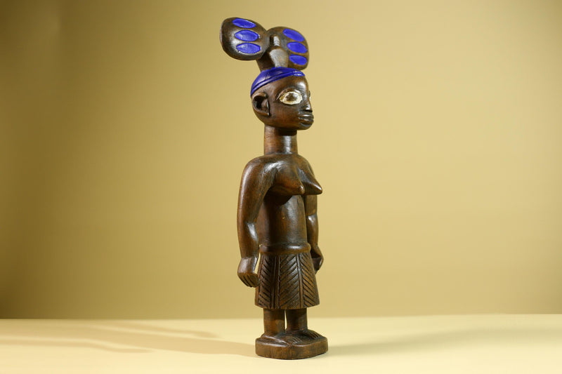 African Yoruba Female Figure: Hand Carved Wood Tribal Art with Blue Crest-G5802