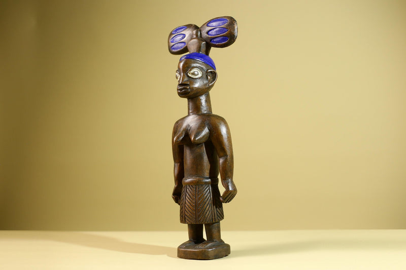 African Yoruba Female Figure: Hand Carved Wood Tribal Art with Blue Crest-G5802