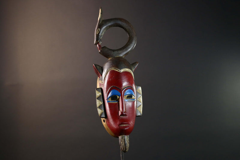 African Guro Serpent Crest Mask Hand Carved Tribal Wood Face West Africa Wall Art Vintage Ethnic Home Decor Collectible Sculpture-G5769