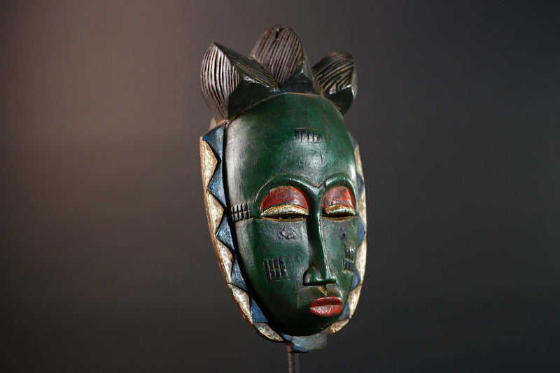 Africa Baule tribal mask hand carved wood green face red eyelids geometric patterns West African art wall hanging home decor sculpture-G5770