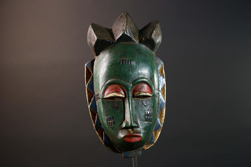 Africa Baule tribal mask hand carved wood green face red eyelids geometric patterns West African art wall hanging home decor sculpture-G5770