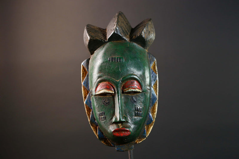 Africa Baule tribal mask hand carved wood green face red eyelids geometric patterns West African art wall hanging home decor sculpture-G5770