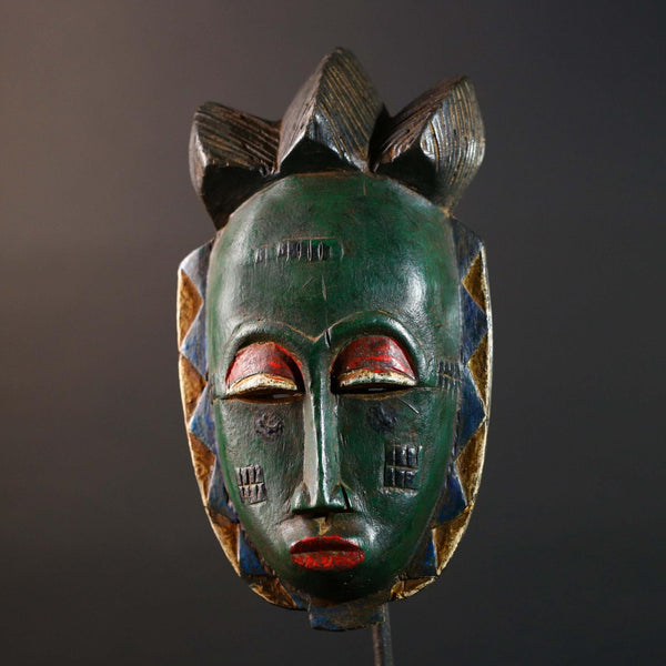 Africa Baule tribal mask hand carved wood green face red eyelids geometric patterns West African art wall hanging home decor sculpture-G5770
