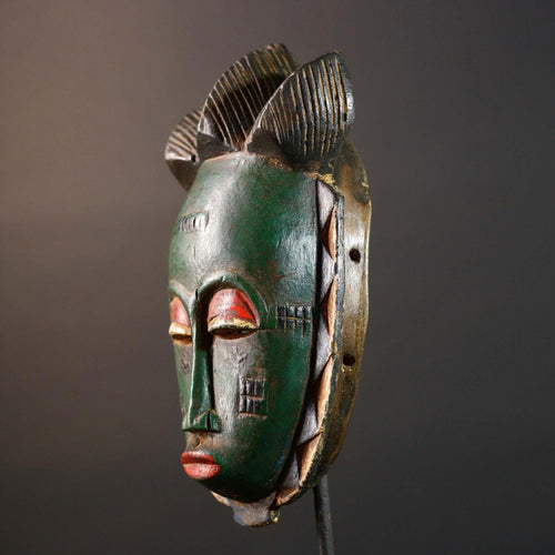 Africa Baule tribal mask hand carved wood green face red eyelids geometric patterns West African art wall hanging home decor sculpture-G5770