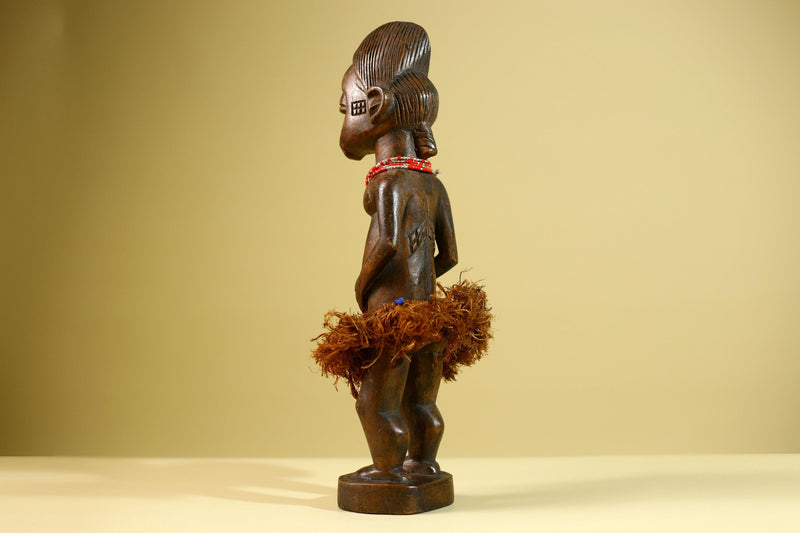 African Tribal Woman Statue with Raffia Skirt and Beaded Necklace Hand Carved Wood Figure Folk Art Home Decor Sculpture-G5805
