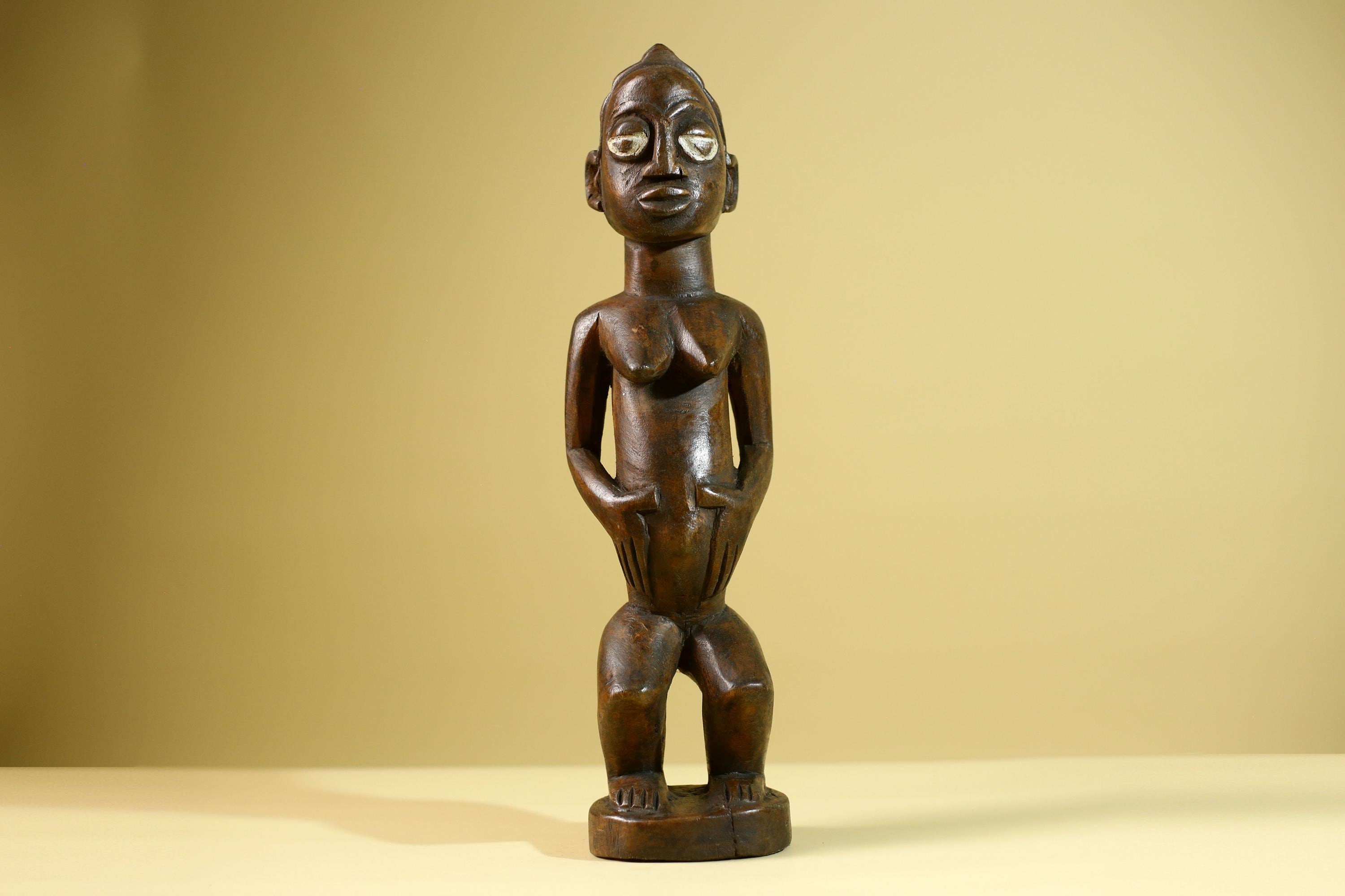African Tribal Baule Statue: Hand Carved Wood Female Figure Sculpture Home Decor Art-G5806