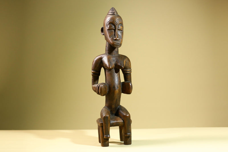 African Baule Seated Female Statue Tribal Wood Carving Côte d’Ivoire West Africa Fertility Ancestral Art Sculpture Home Decor-G5814